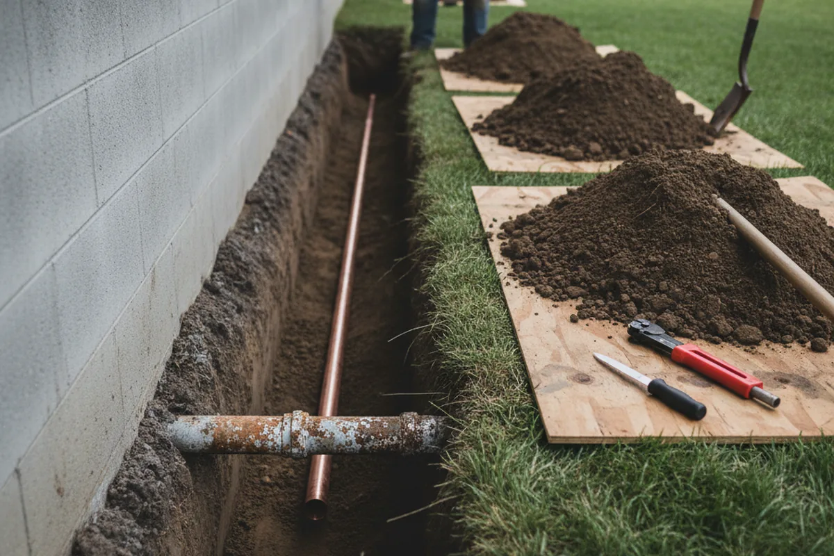 Excavated water line trench during Sewer Line Repair in Lake Hill